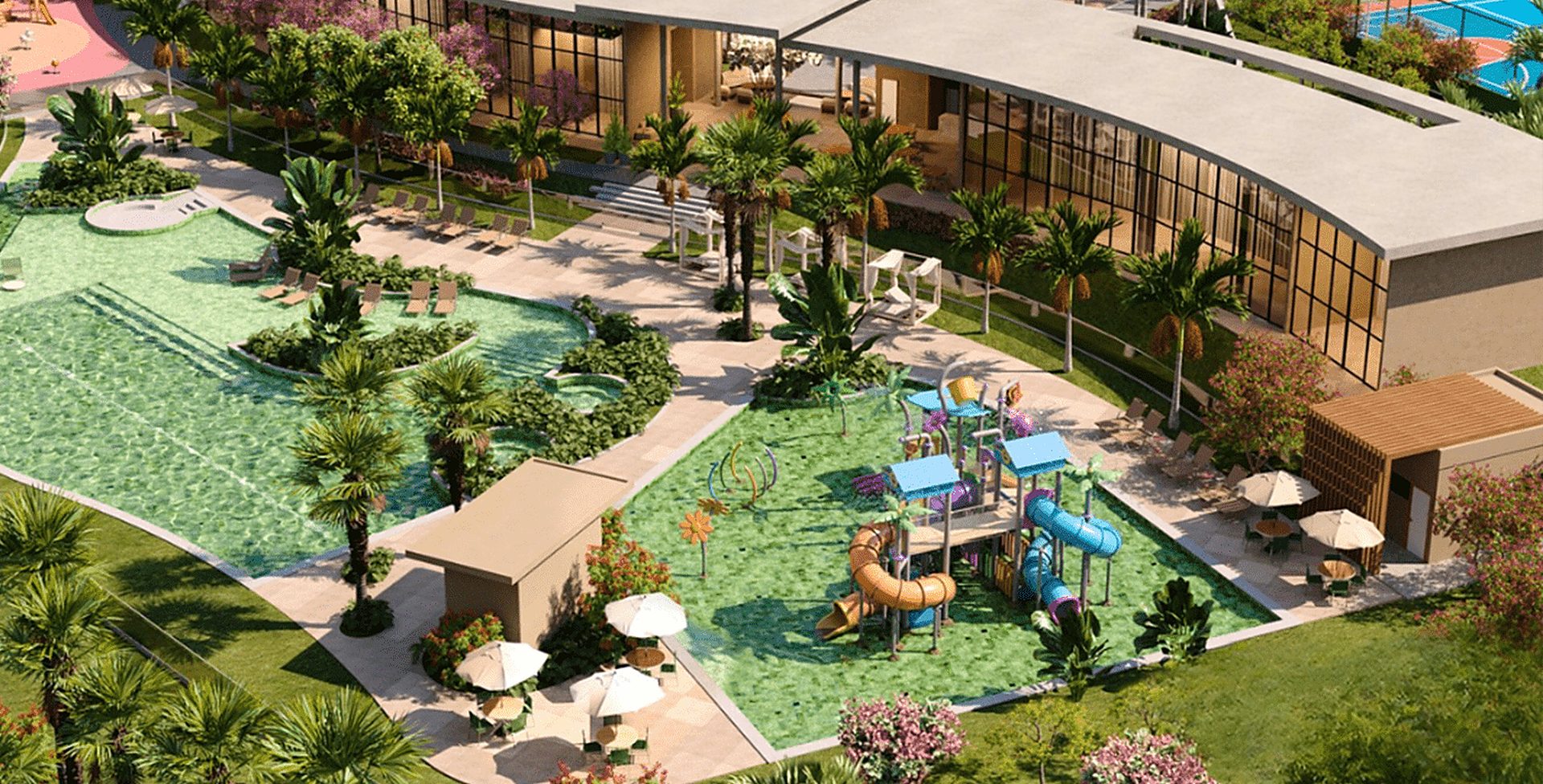 Vista aérea do clube e das piscinas do Residencial Moradas Eusébio